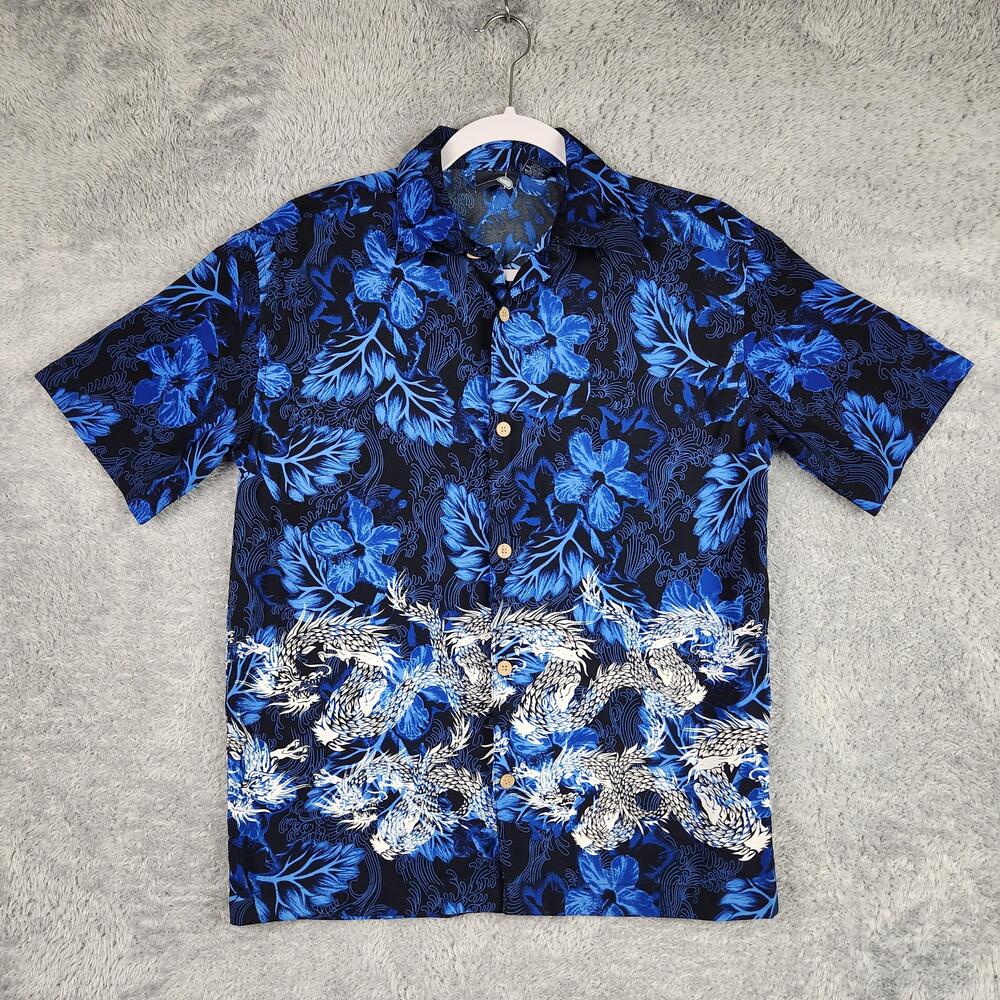 Vintage XG Shirt Mens Medium Blue Dragon Hawaiian Floral Button Aloha Tropical